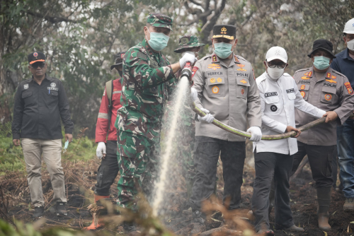 Kapolda Riau dan Pangdam Tuanku Tambusai Patroli Udara Karhutla, Turun Langsung Padamkan Api di Pelalawan