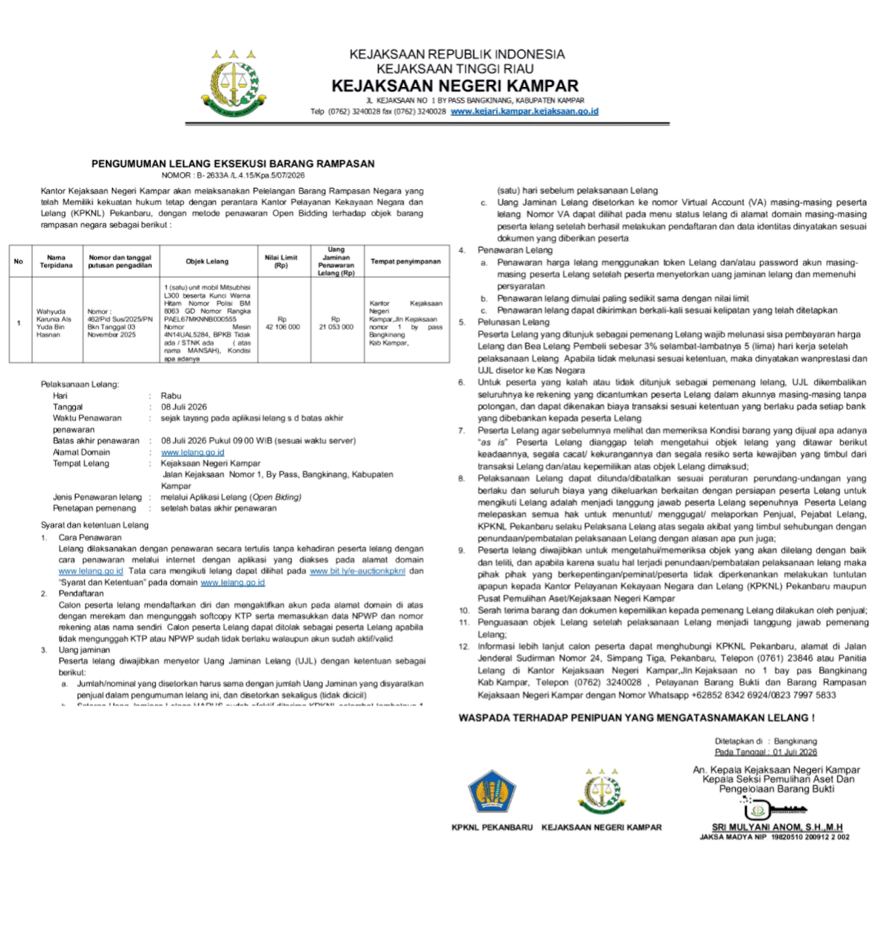 Lelang Kejari Kampar